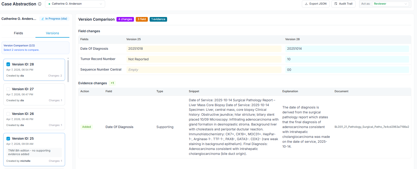 Version Comparison — side-by-side diff view of two abstraction versions, highlighting field-level differences between AI extraction and registrar validation or between two registrars in a dual-abstraction workflow